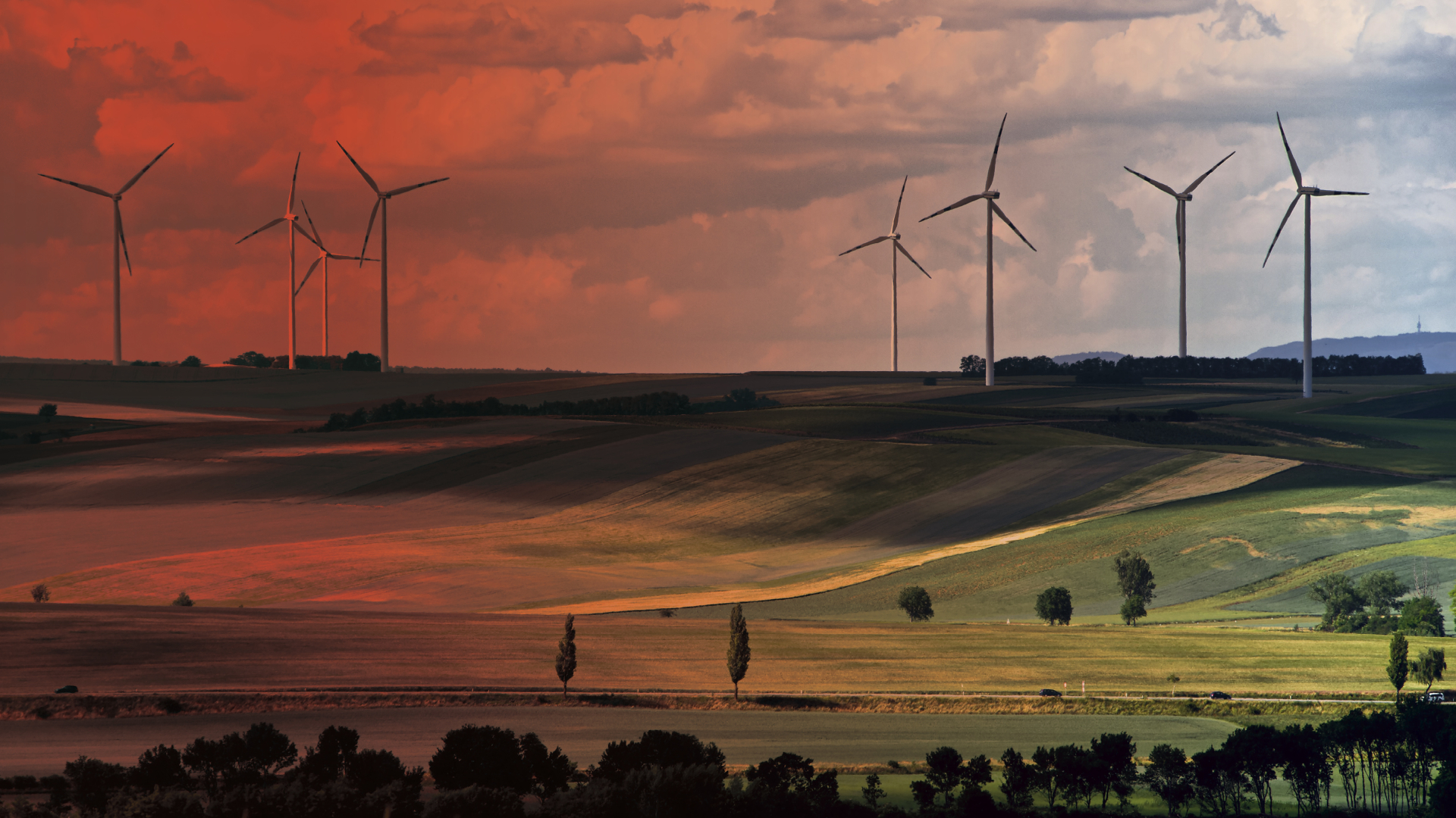 Windräder auf hügeliger Landschaft