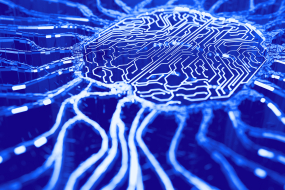 Illustration für Künstliche Intelligenz: Datenströme, die auf ein Chip-ähnliches Zentrum zulaufen.