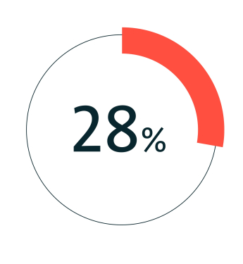 Ein Kreisdiagramm auf weißem Hintergrund zeigt den Wert 28 %. Der Kreis ist zu 28 % mit einem roten Segment ausgefüllt, das im oberen rechten Bereich des Kreises beginnt. In der Mitte des Kreises steht die Zahl „28 %“ in schwarzer Schrift.