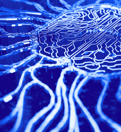 Illustration für Künstliche Intelligenz: Datenströme, die auf ein Chip-ähnliches Zentrum zulaufen.